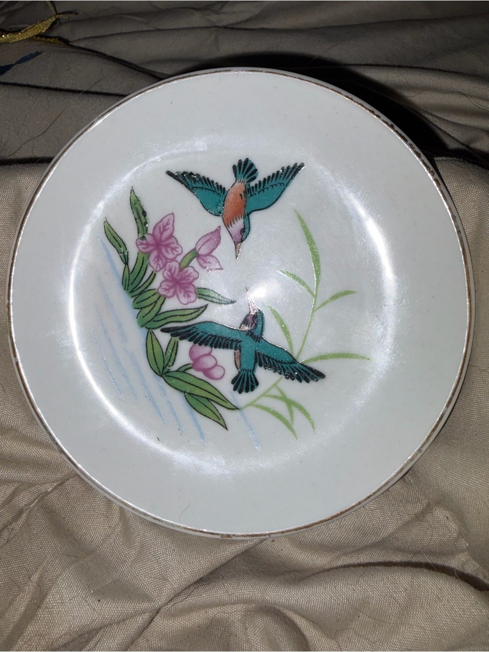 Vintage White Ceramic Plate with Teal and Pink Hummingbird Motif